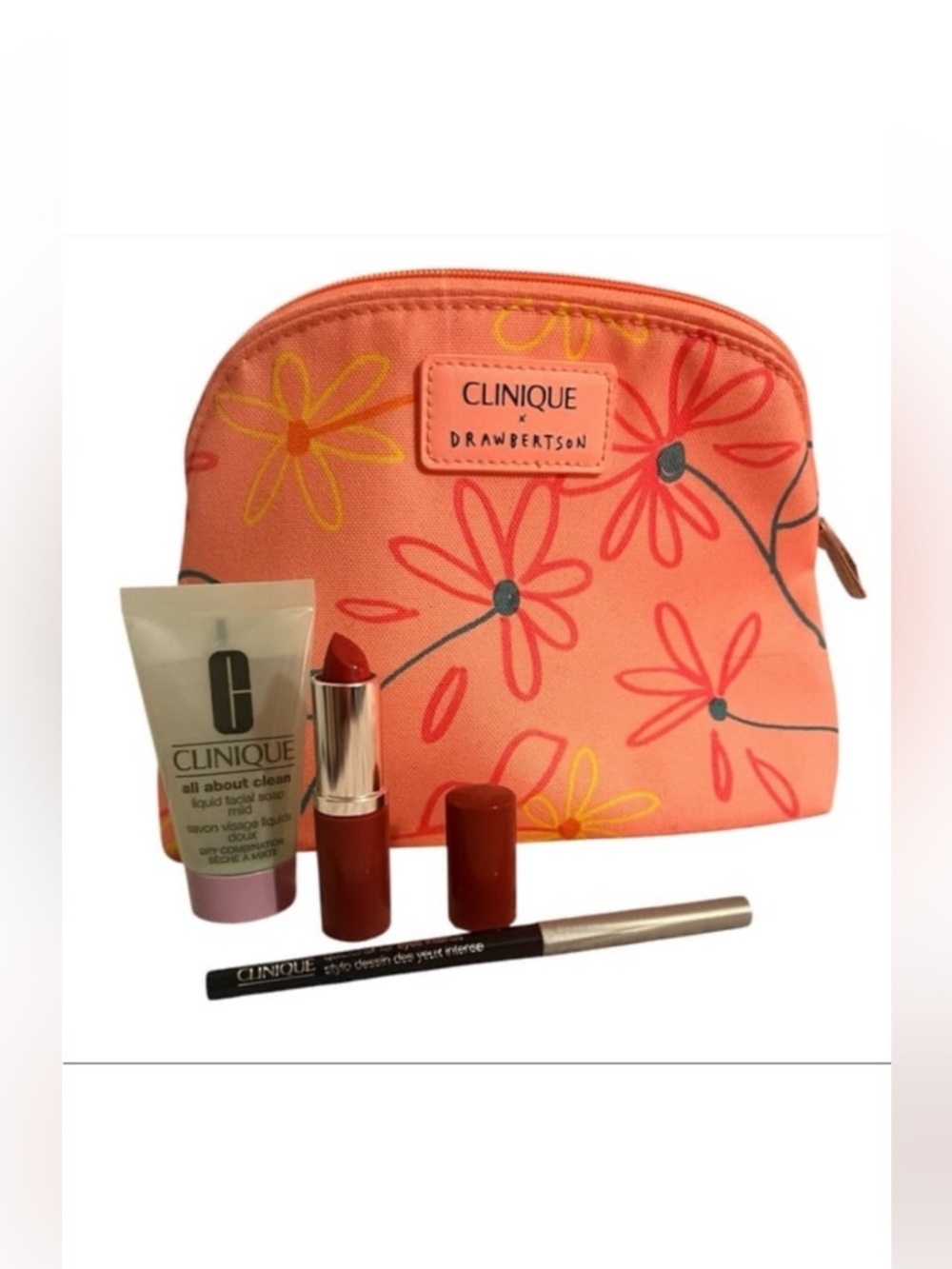 Clinique Set of 4 including Pink Floral Cosmetic Bag with Lipstick and Eyeliner